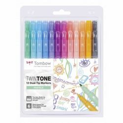 Tombow TwinTone Pastels μαρκαδόρος 12 τεμάχια Λεπτή/Στρογγυλή μύτη Μαύρος [Μαύρο], Μπλε, Καστανός [Καφέ], Κυανός [Κυανό], Πράσινος [Πράσινο], Πορτοκαλί, Ροζ, Κόκκινο, Βιολέτα [Ιόχρους], Κίτρινο 