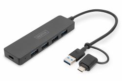 Digitus DA-70235 κατανεμητής διεπαφών USB 3.2 Gen 1 [3.1 Gen 1] Type-A + Type-C 12000 Mbit/s Μαύρος [Μαύρο] (HUB 4-PORT SLIM LINE USB3. 02M - USB-C ADAP 5GBPS 02M CABLE)