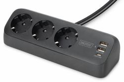 3-WAY OFFICESOCKET STRIP BLACK - 2X USB-A 1X USB-C